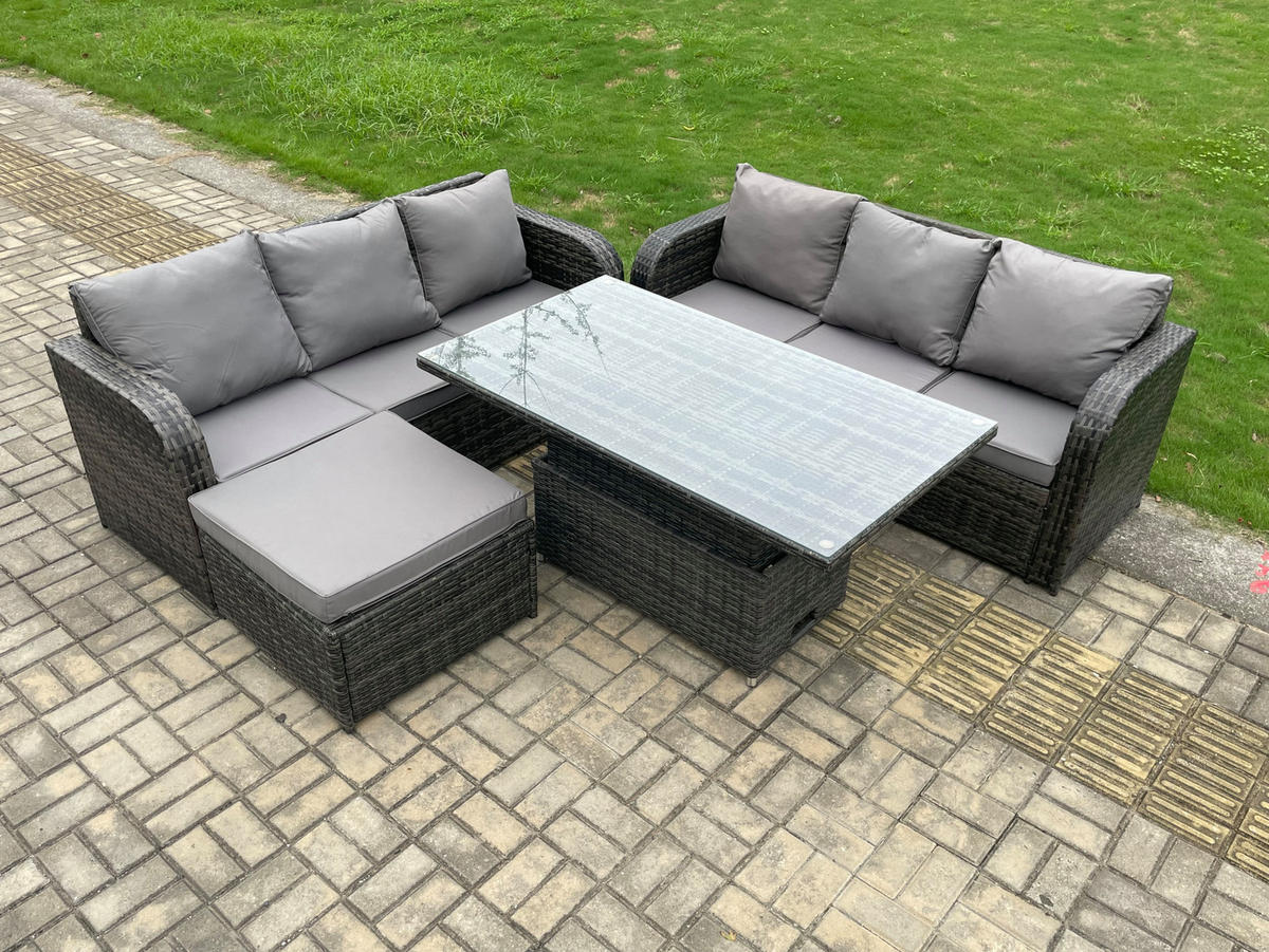 GARTENSOFA-SET HÖHENVERSTELLBARER ESSTISCH Polyrattan 7-Sitzer - Dunkelgrau/Grau, Glas/Kunststoff - Fimous