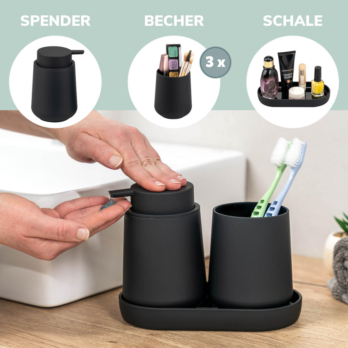 BAD-ACCESSOIRES-SET TESERO 5tlg., Soft-Touch, schwarz - Schwarz, Kunststoff (8.5/12/9cm) - eluno