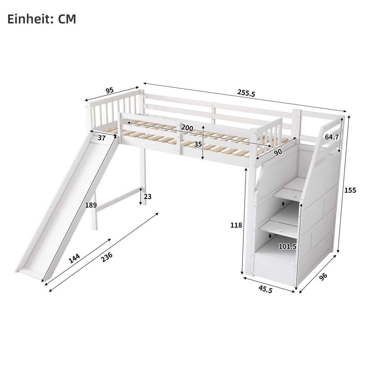HOCHBETT 90x200cm mit Rutsche in weiß - Weiß, Holz (90/200cm) - KOMHTOM