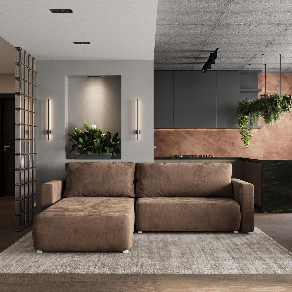 ECKSOFA TURIN M Beige Velours-Stoff mit Schlaffunktion - Beige/Grau, Holz/Kunststoff (265/183cm) - MASSENO