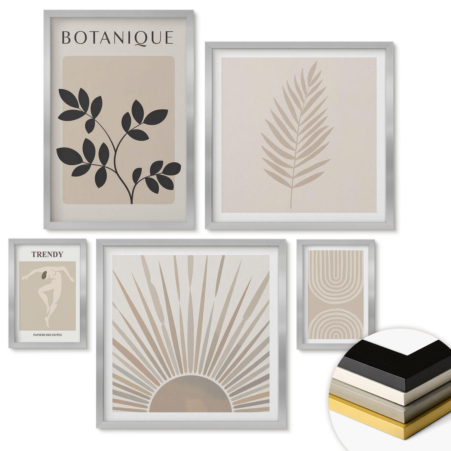 WANDBILDER 5er Set - 50x50 cm & 20x30 cm & 40x60 cm Silberner Rahmen - Abstrakte Poster im Boho-Stil in Pastellfarben - Silberfarben, Kunststoff (40/60cm) - ArtPrintCave