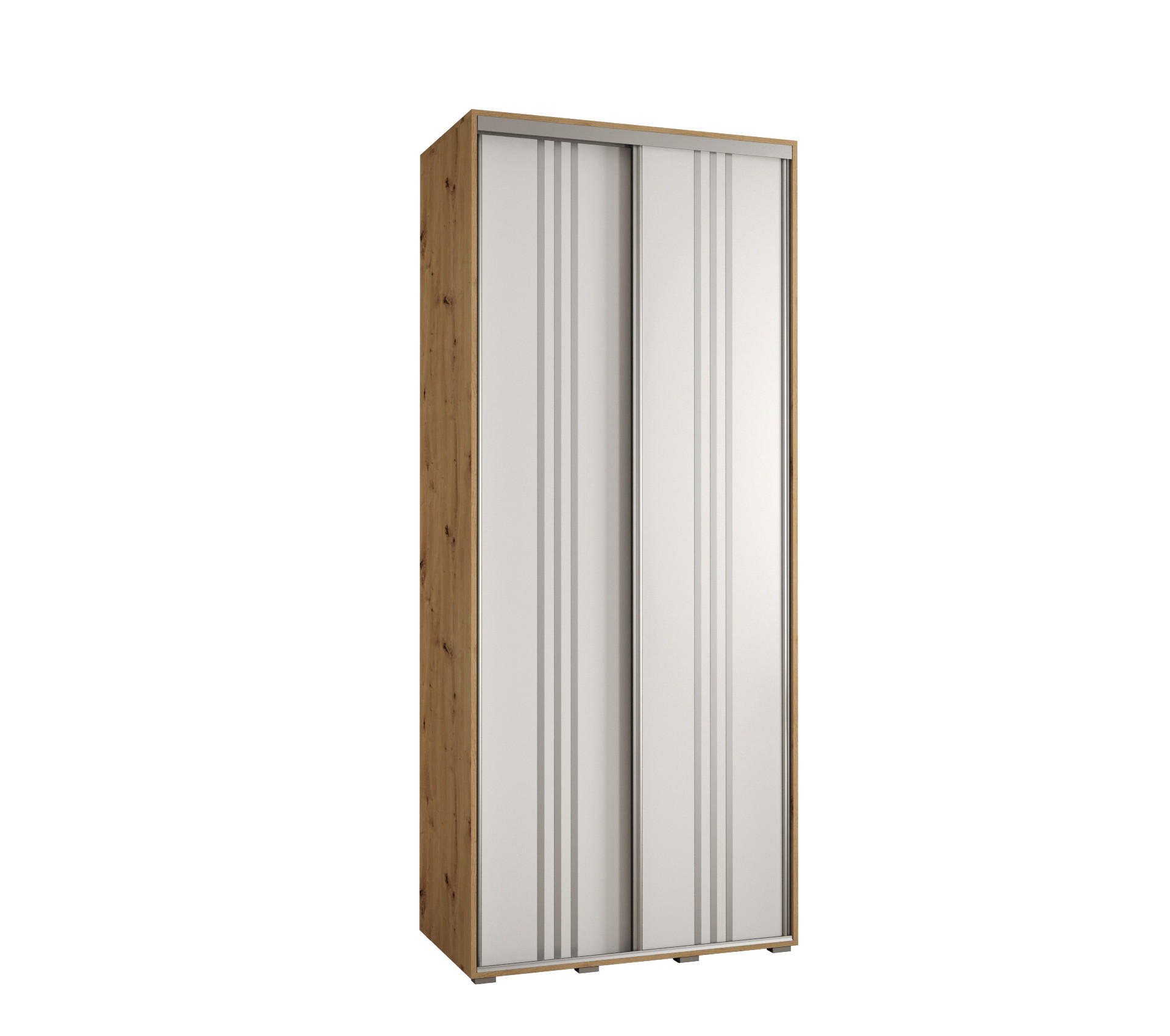 Abiks Möbel SCHWEBETÜRENSCHRANK Eiche Artisan, Weiß, Silber 110cm × 60cm × 235cm