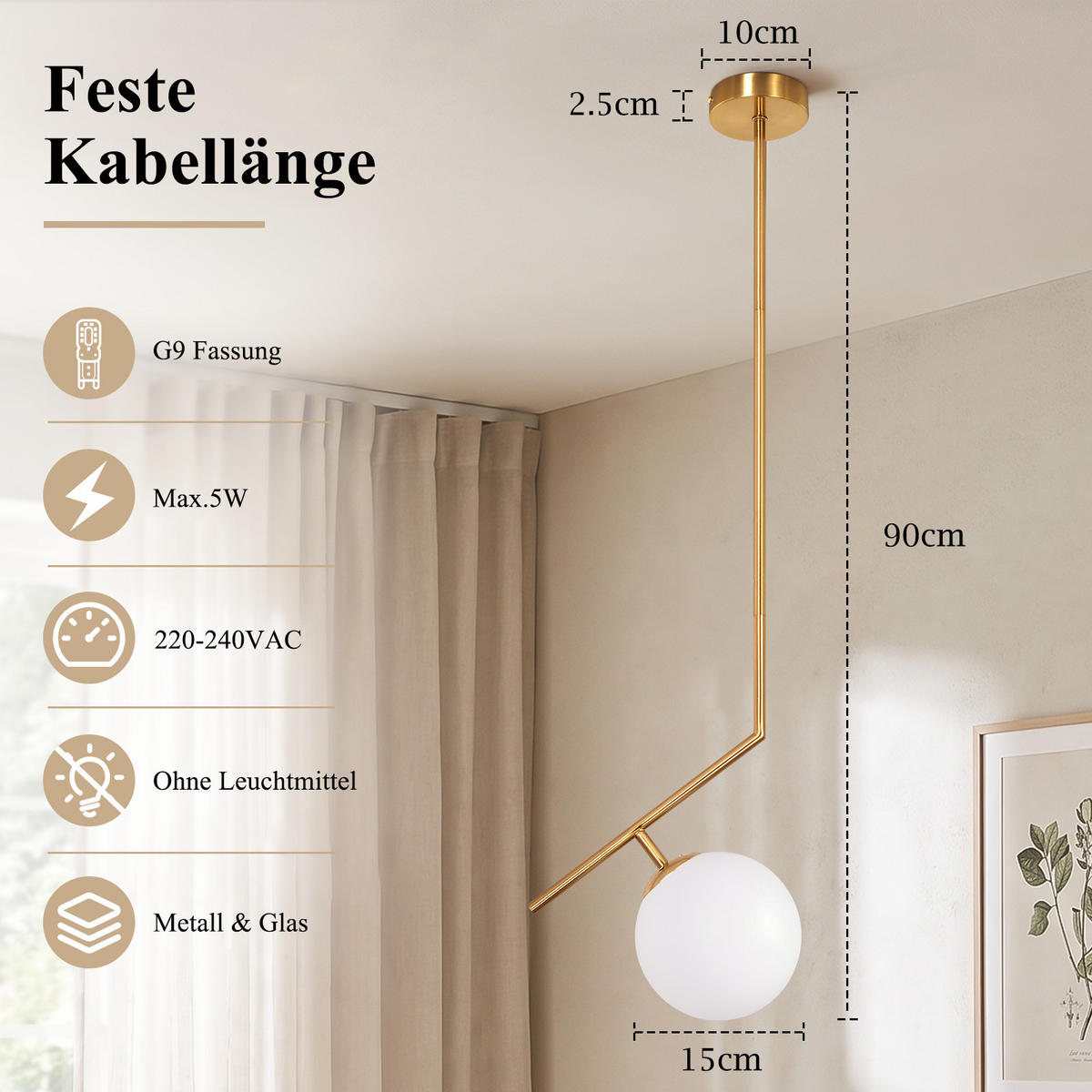 PENDELLEUCHTE Jyvith 25/15/90 cm - Goldfarben/Weiß, Glas/Metall (25/15/90cm) - ZMH