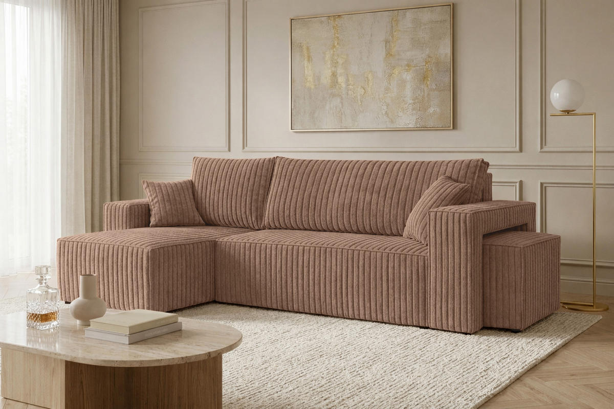 ECKSOFA Mit Schlaffunktion Und Pouf, Cordstoff Tilia, Braun, Links, Best L Mit Pouf - Braun, Holz (244/145cm) - Kaiser Möbel