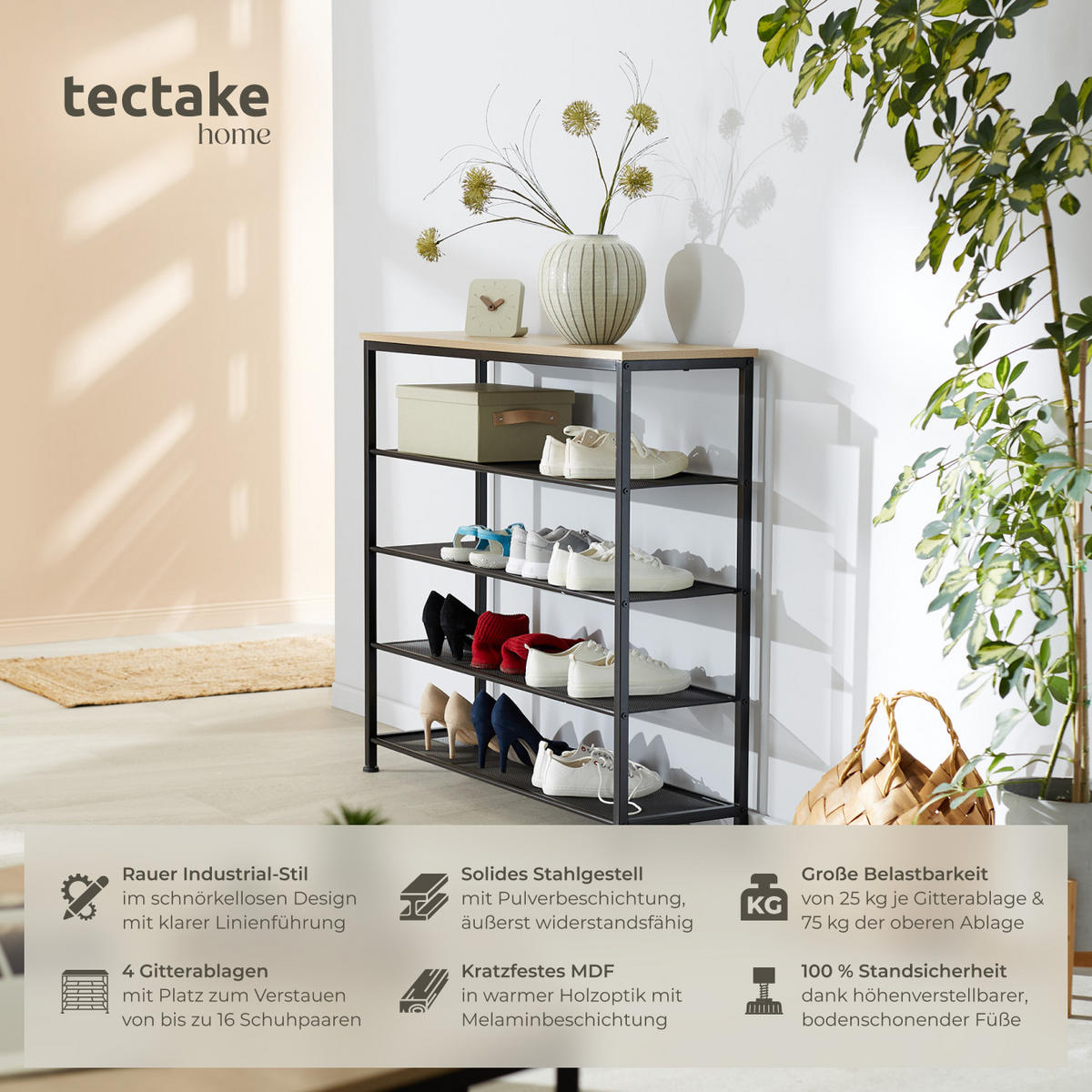 SCHUHREGAL Sheffield,100 x 30,5 x 93 cm,Industrial Holz hell, Eiche Sonoma - Naturfarben, Metall (30.5/93/100cm) - tectake