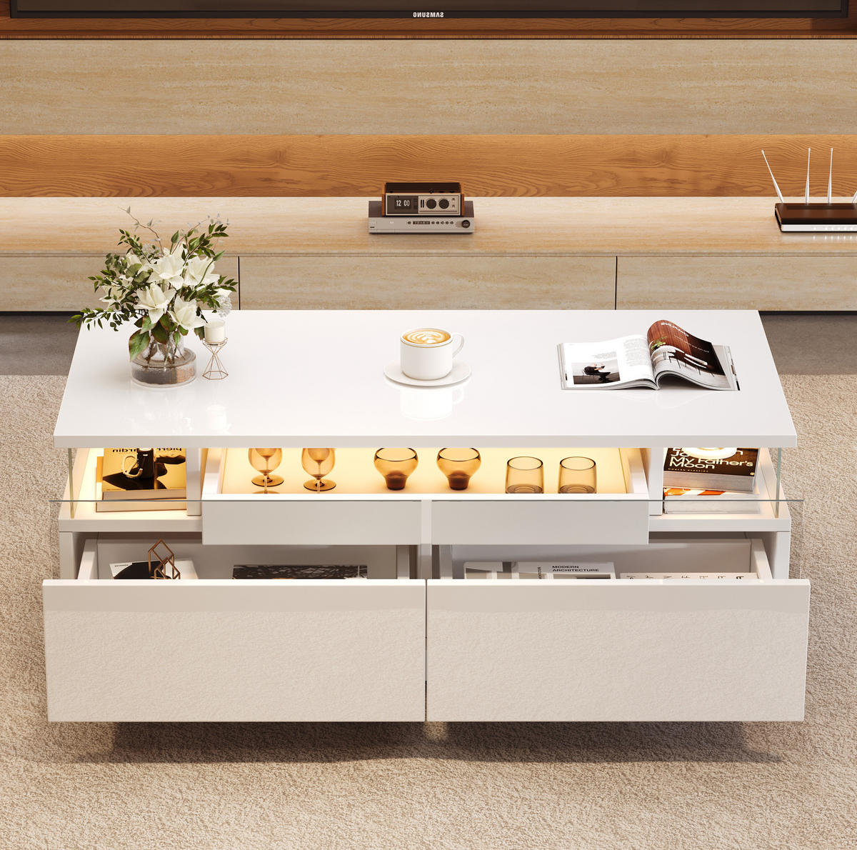 COUCHTISCH 90/45/35,5 cm mit LED-Beleuchtung, herausnehmbarem Tablett und 2 Schubladen, Hochglanz mit Hartglas, Weiß - Weiß, Holzwerkstoff (90/45/35.5cm) - Redom
