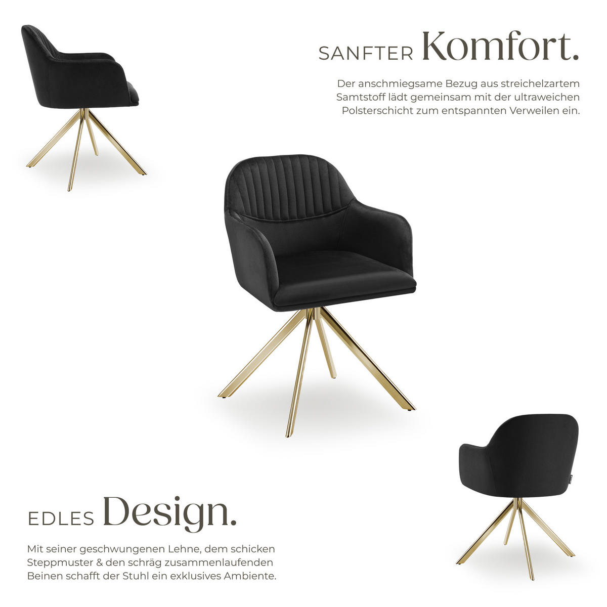 DREHSTUHL 6er Set Lona 56 x 59 x 81 cm schwarz/gold - Goldfarben/Schwarz, Textil (56/81/59cm) - tectake