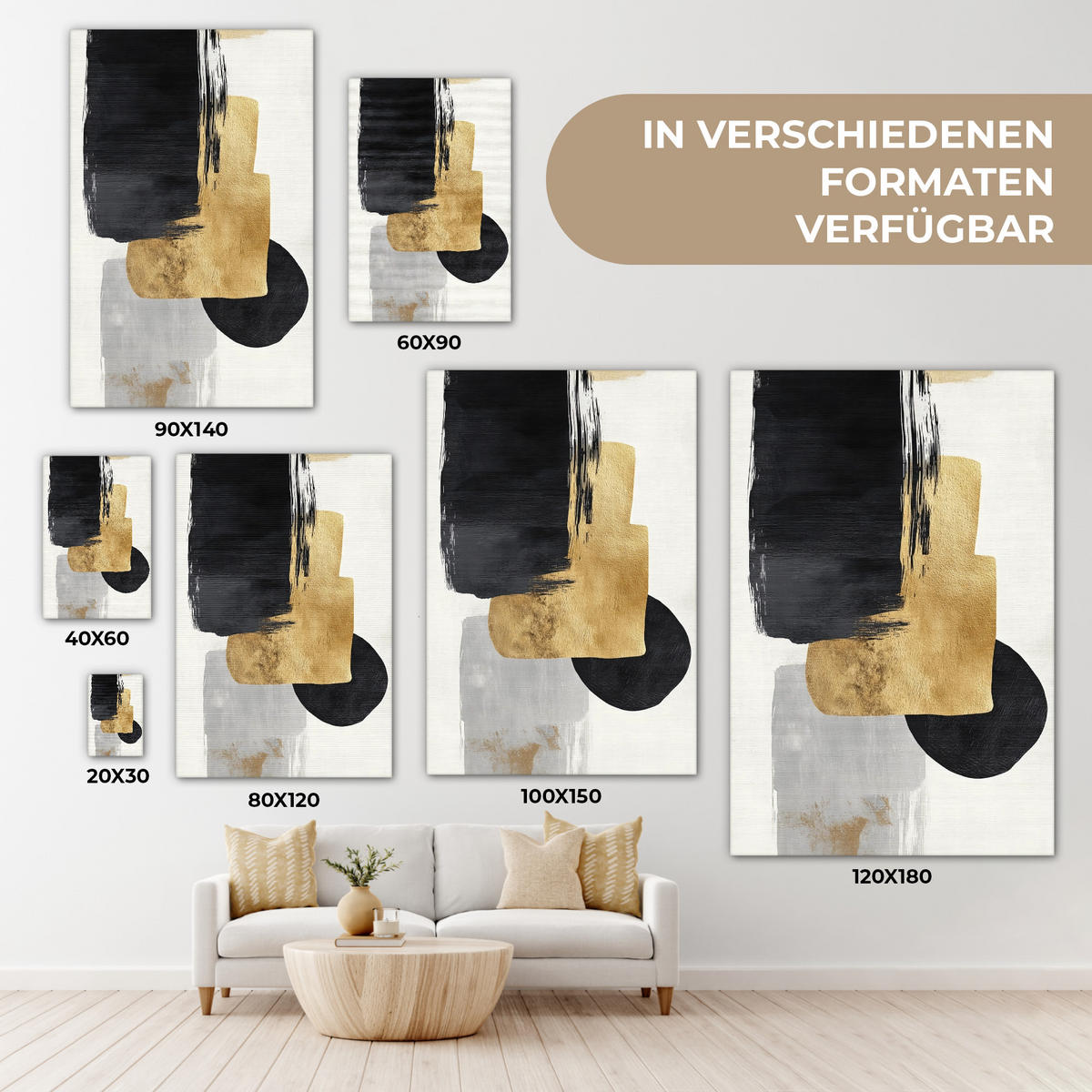 LEINWANDBILD Gold - Rechtecke - Kreise - Abstrakt Deko XXL 80x120 cm - Weiß, Textil (80/120cm) - MuchoWow