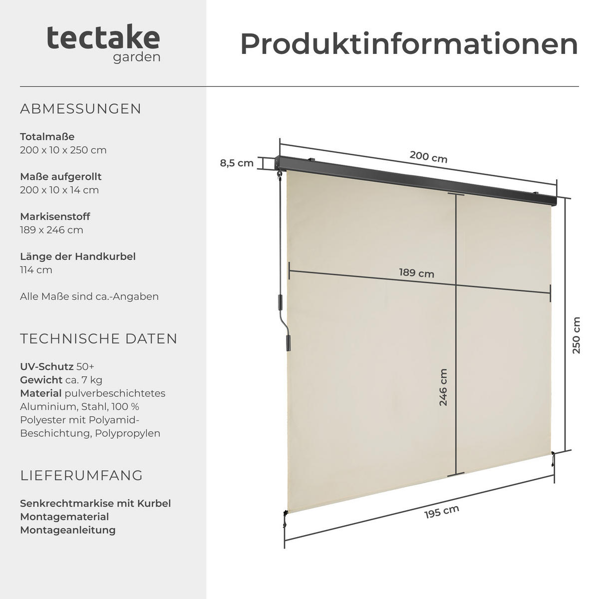 SENKRECHTMARKISE Eloise, inkl. Wandhaltern, beige - Beige, Textil (200/250cm) - tectake