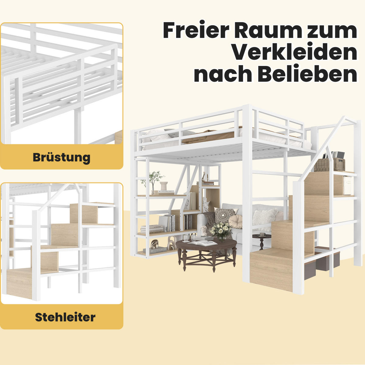 HOCHBETT 140/200 cm Weiß aus Metall und MDF mit LED-Lichtleiste - Weiß, Holzwerkstoff (140/200cm) - OKMYHOME