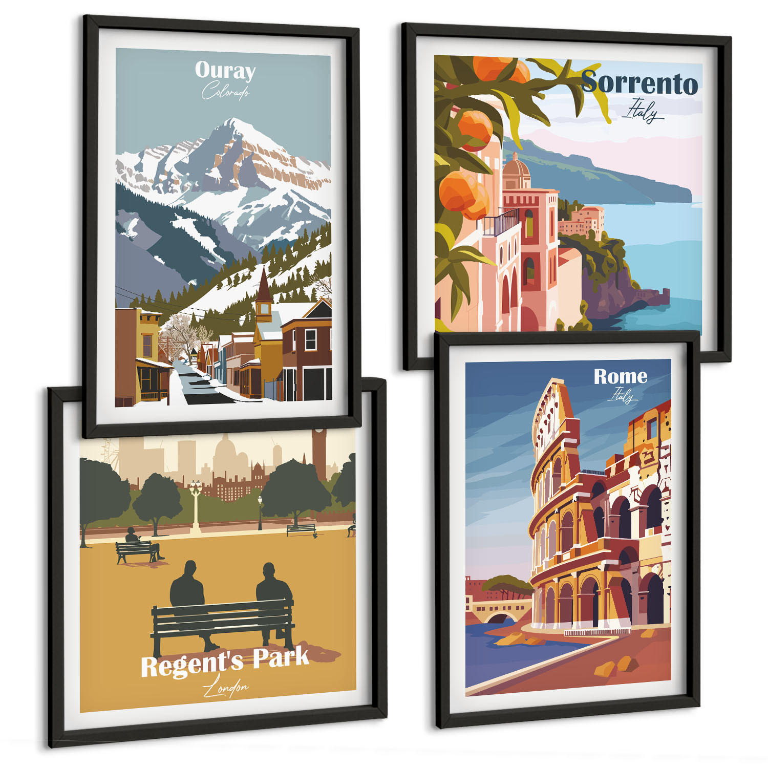 BILDER SET 4er Set - 50x50 cm & 40x60 cm Schwarzer Rahmen - Retro-Illustrationen berühmter Orte - Schwarz, Kunststoff (50/50cm) - TULUP