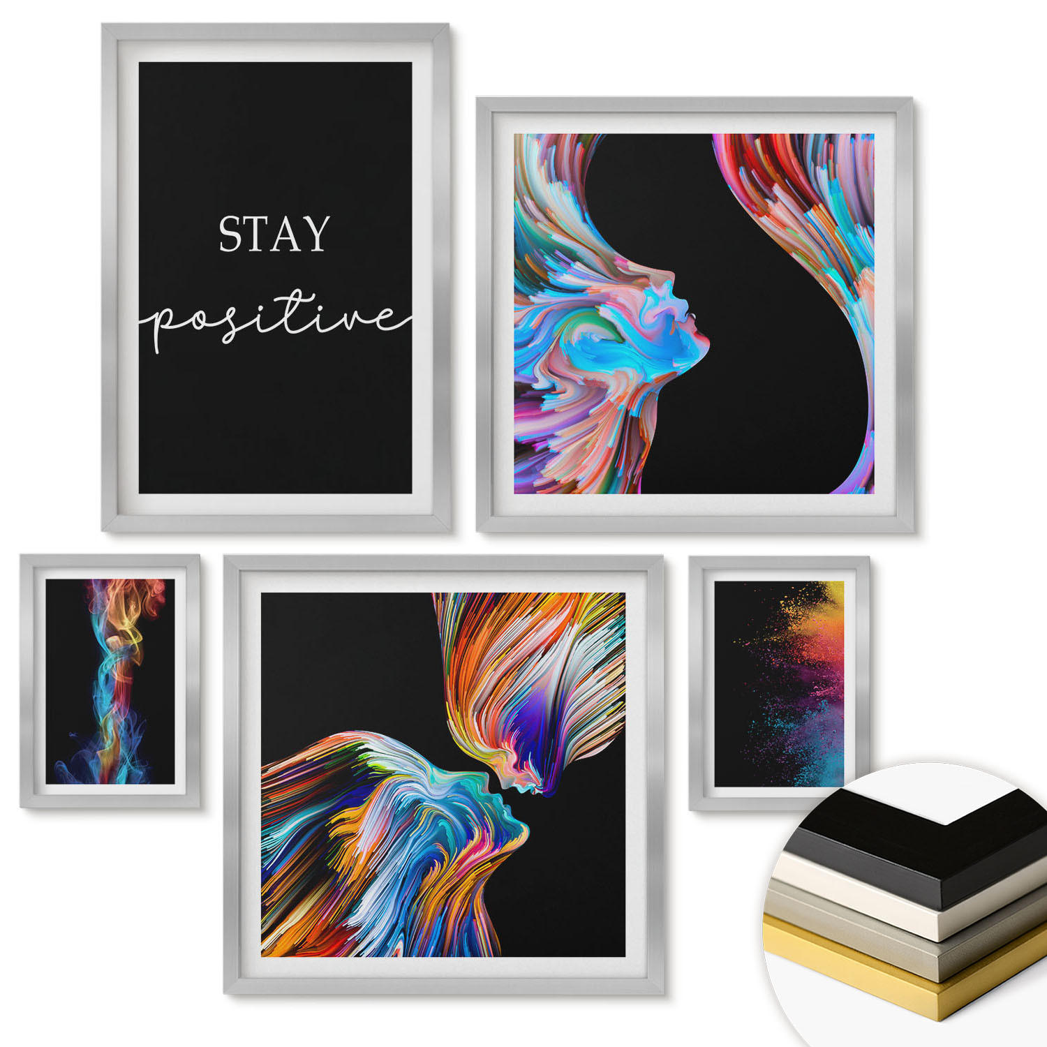 WANDBILDER 5er Set - 50x50 cm & 20x30 cm & 40x60 cm Silberner Rahmen - Rosa geometrische Pfingstrosen - Silberfarben, Kunststoff (40/60cm) - ArtPrintCave