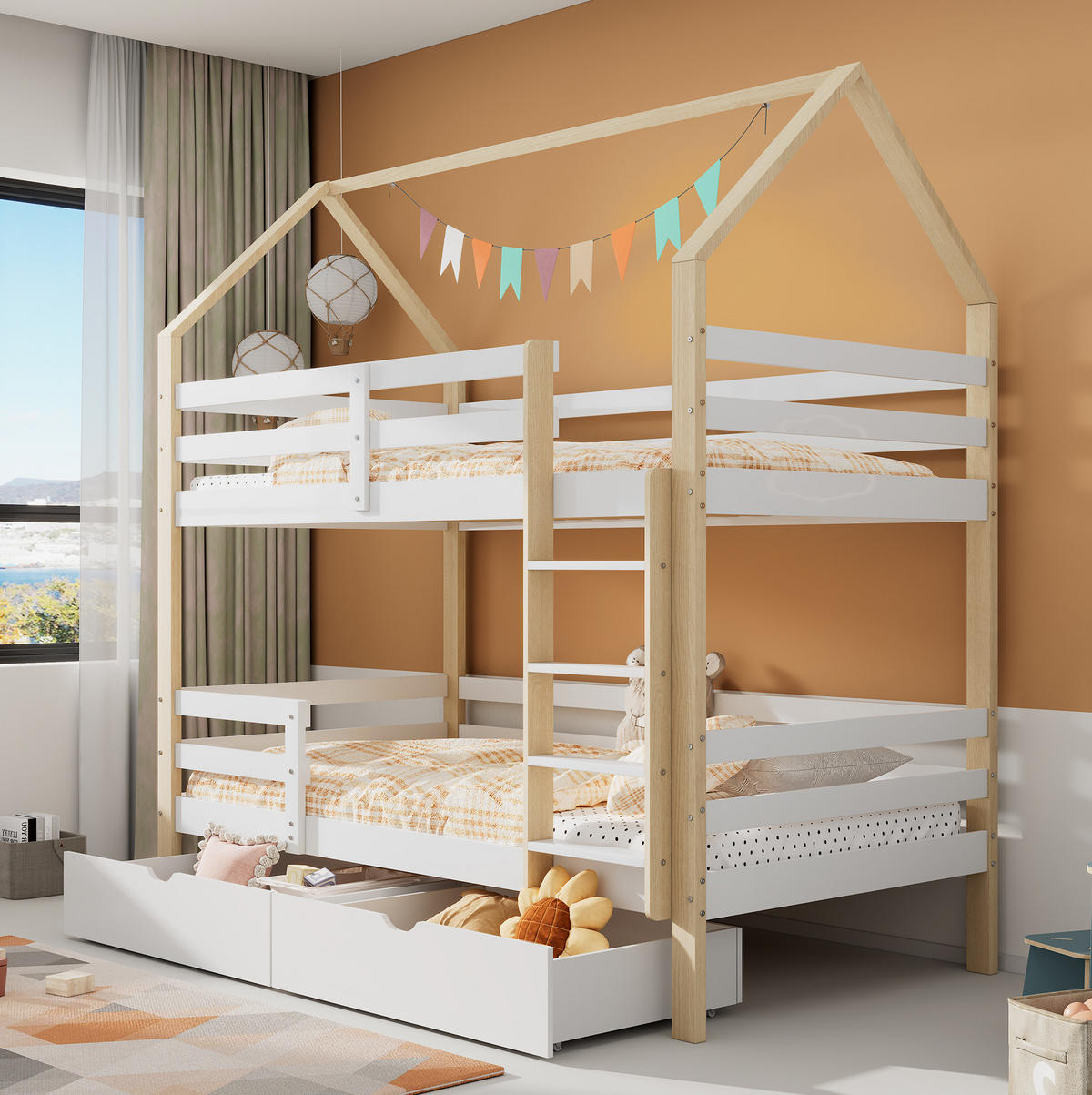 KINDERBETT 90/200 cm Hausform Weiß mit großen Schubladen - Weiß, Holz (90/200cm) - OKWISH