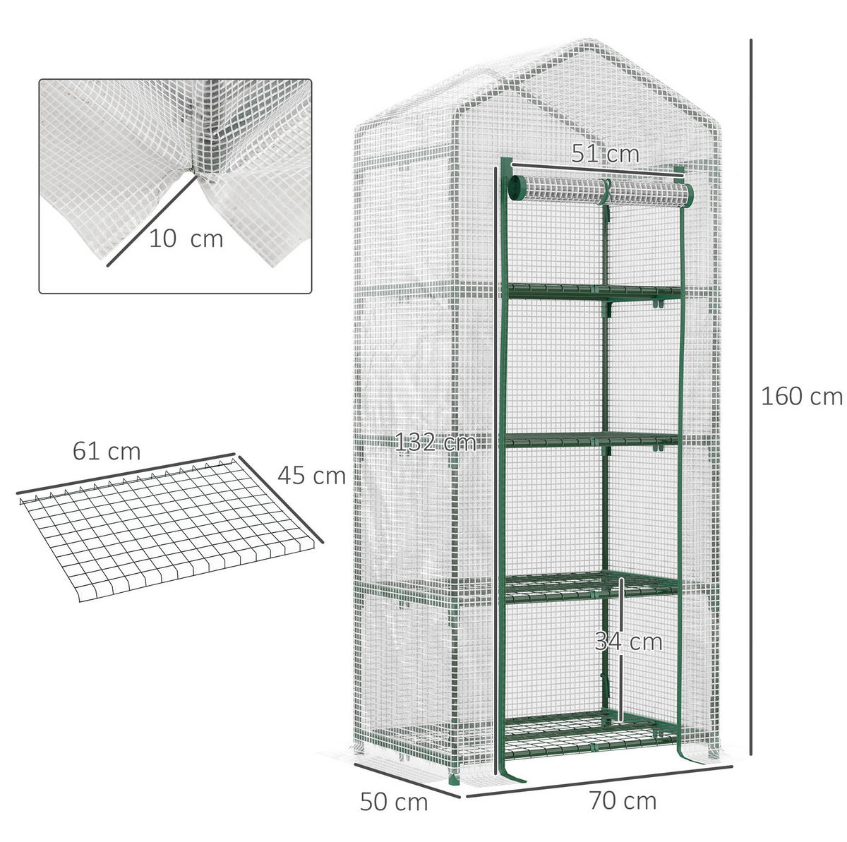 GEWÄCHSHAUS aus PVC 70x50x160 cm in Weiß mit 4 Regalböden - Weiß, Kunststoff (50/160/70cm) - Modfu