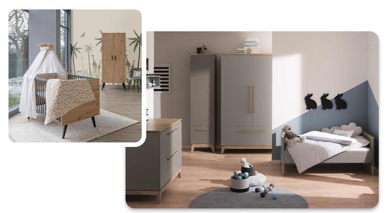 dunkelblaues Kinderzimmer mit Möbeln holz