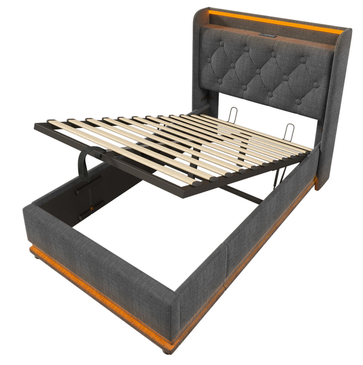 POLSTERBETT aus Leinen 90x200 cm in Grau mit LED & USB Typ-C - Grau, Textil (90/200cm) - Modfu