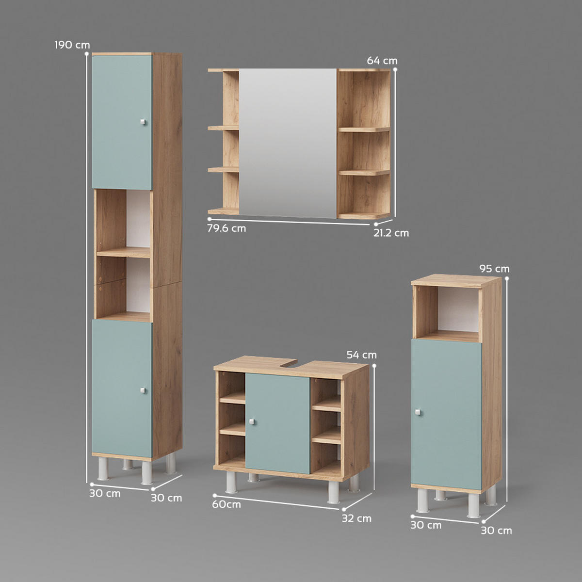 BADMÖBEL-SET Fucino Grün 4 Teile - Honigeiche/Grün, Holzwerkstoff (60/54/32cm) - Livinity®