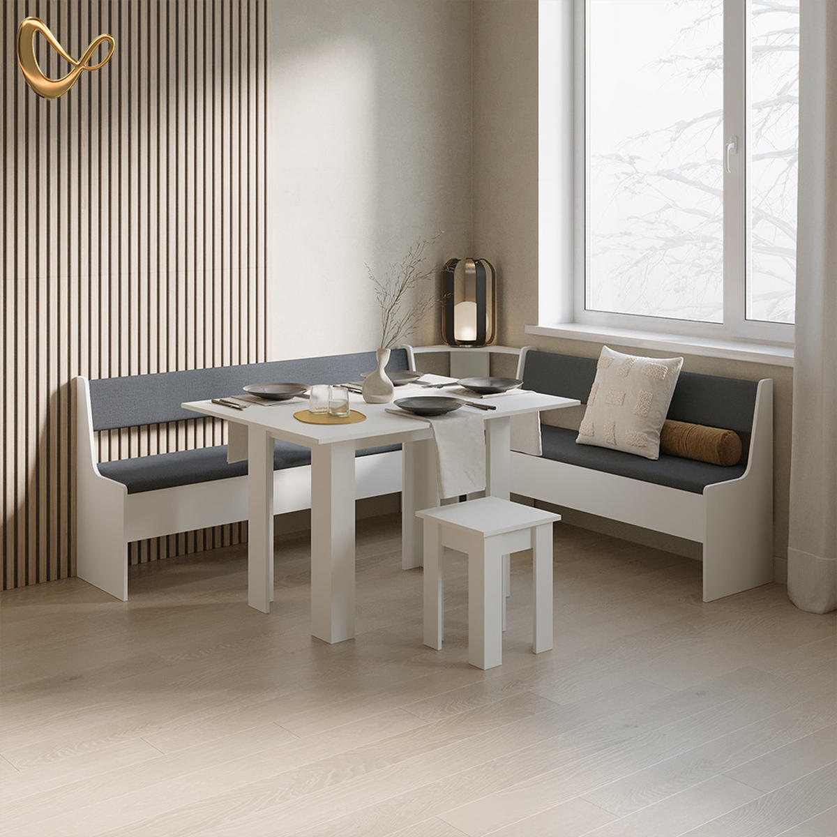 ECKBANKGRUPPE Tiberio Weiß 210 x 180 cm mit Tisch - Weiß, Holzwerkstoff (210/80/180cm) - Livinity®