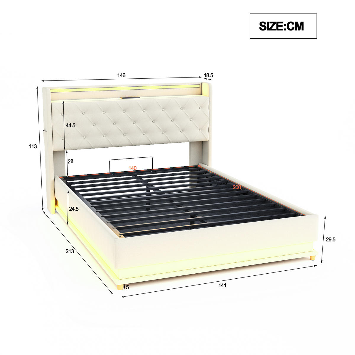 STAURRAUMBETT 140/200 cm DE-01797, in Beige, mit LED, USB und hydraulischer Lagerung - Beige, Metall (140/200cm) - ComfortXL
