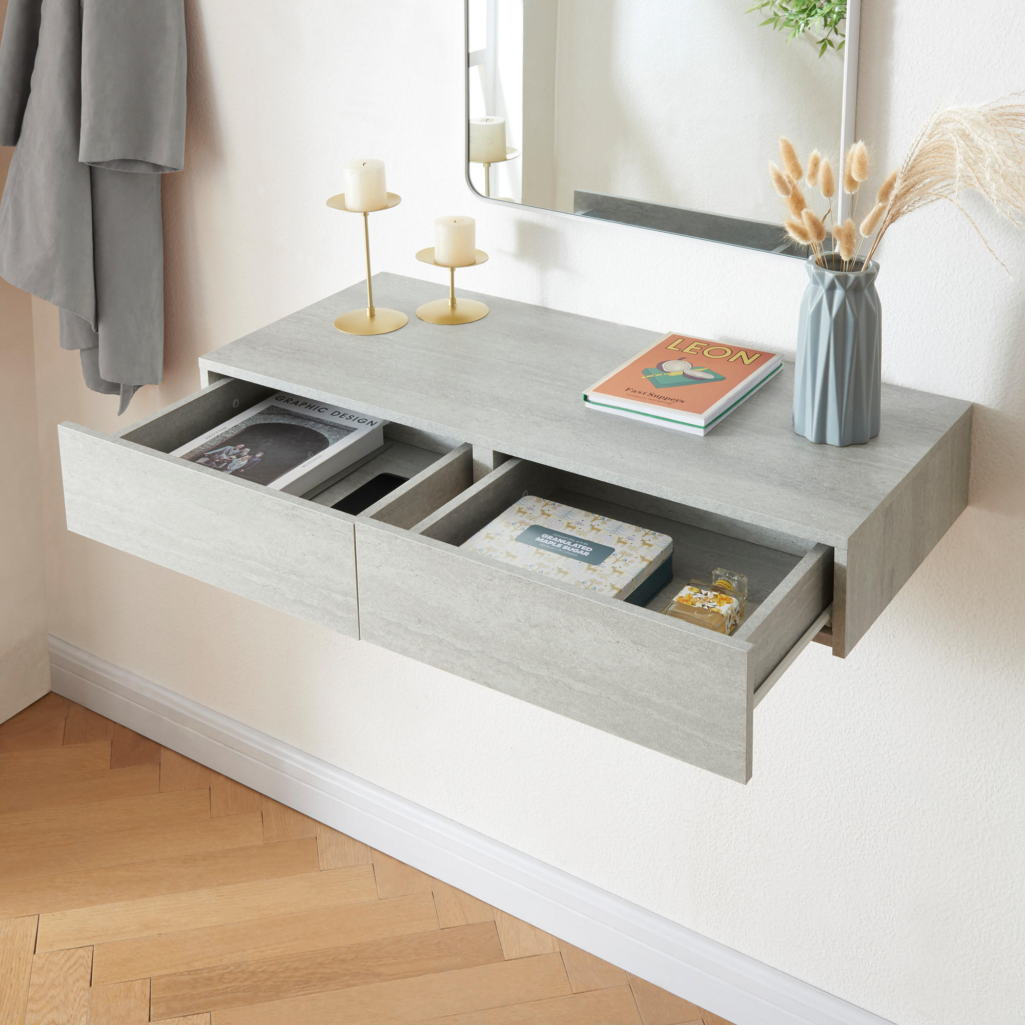 Thumbnail - [en.casa] Wandregal, Grau, Holzwerkstoff, 80x12x35 cm, Wohnzimmer, Regale, Wandregale