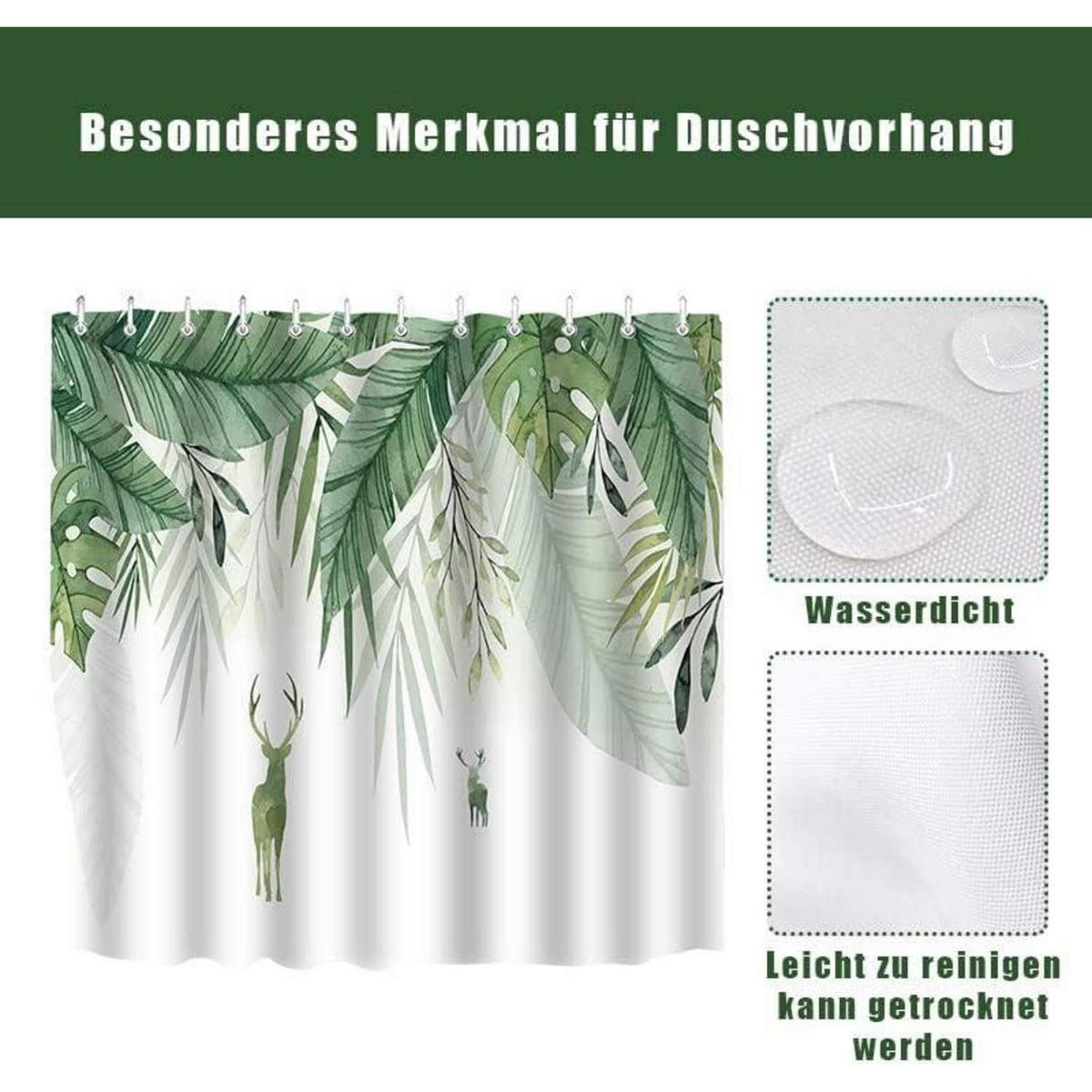 DUSCHVORHANG 180 x 180 cm Grün Blätter Blumen Wasserdicht Polyester - Grün, Textil (180/180cm)