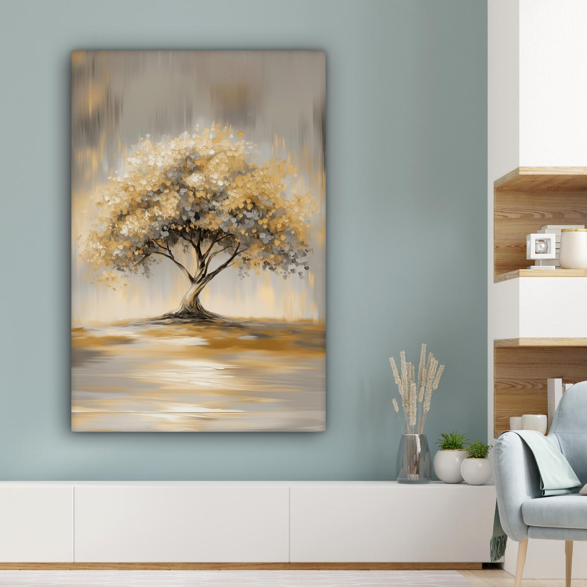 LEINWANDBILD Gemälde - Baum - Abstrakt - Blätter Deko Groß 90x140 cm - Beige, Textil (90/140cm) - MuchoWow