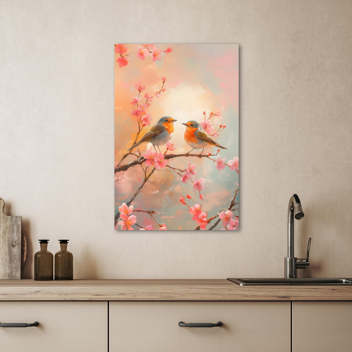 LEINWANDBILD Rotkehlchen - Zierpflanze - Blütenzweig 40x60 cm - Hellrosa, Textil (40/60cm) - MuchoWow