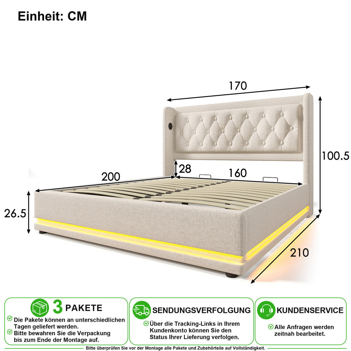 POLSTERBETT 160/200 cm in Beige Baumwolle mit Bettkasten, LED, USB und Matratze - Beige, Holzwerkstoff/Textil (160/200cm) - CHICFURN
