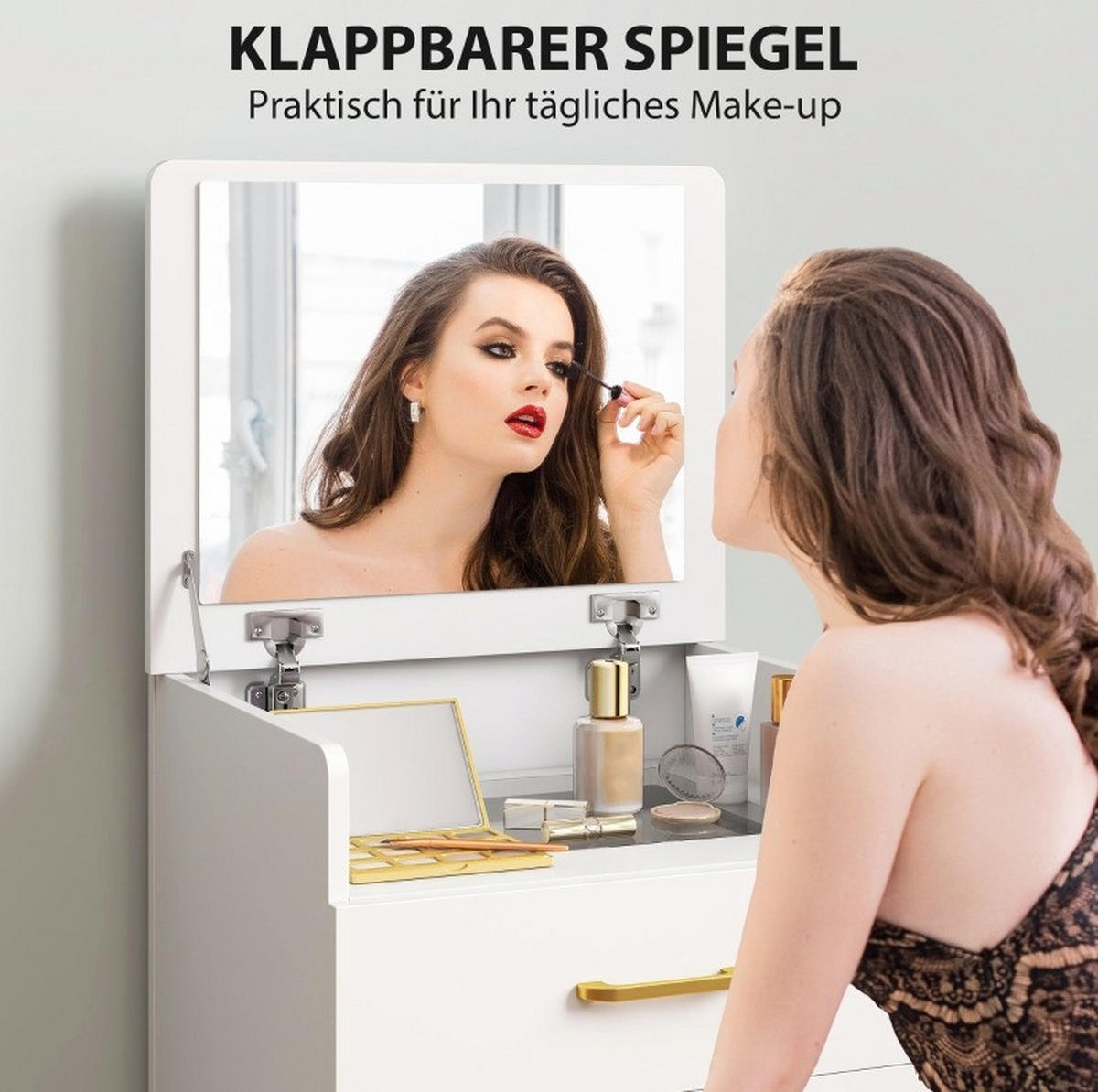 SCHMINKTISCH 48/40/90 cm in Weiß, 3-in-1 mit Spiegel und Rollhocker - Weiß, Holzwerkstoff (40/90/48cm) - Flora Grace