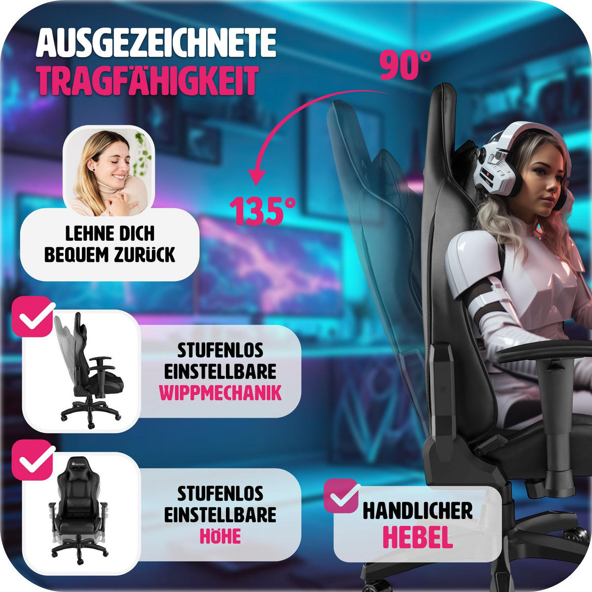 RACING-GAMINGSTUHL Twink,Belastbarkeit 120 kg,schwarz - Schwarz, Textil (68/125/69cm) - tectake