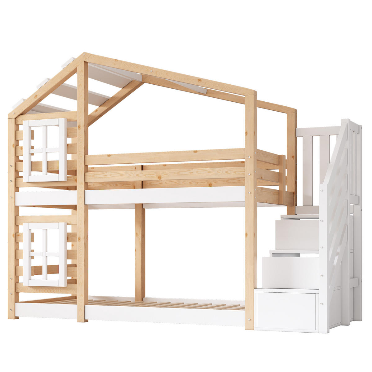 ETAGENBETT Baumhaus 90/200 cm Natur & Weiß mit Speicher und Rausfallschutz - Naturfarben, Holzwerkstoff (90/200cm) - OKWISH