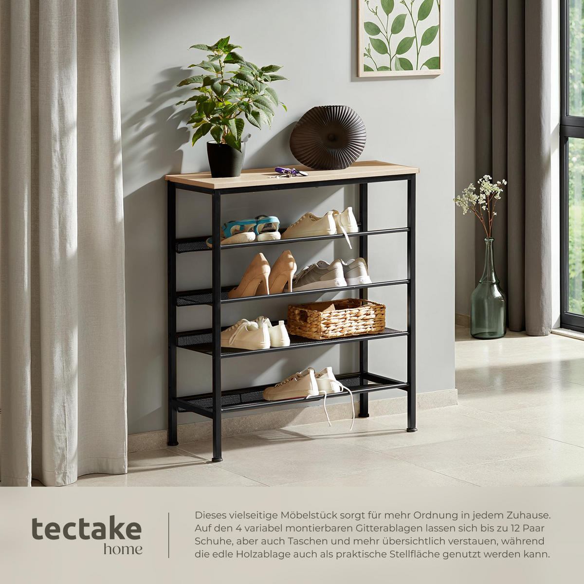 SCHUHREGAL Bournemouth,75,5 x 30,5 x 85,5 cm,Industrial Holz hell, Eiche Sonoma - Naturfarben, Holz (30.5/85.5/75.5cm) - tectake