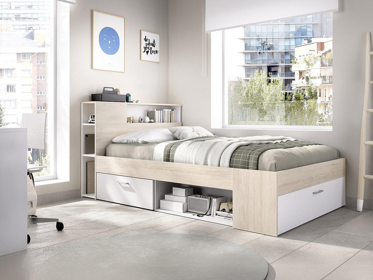 BETT mit Kopfteil, Stauraum & Schubladen - 120 x 190 cm - Holzfarben & Weiß - LEANDRE - Naturfarben, Holz (129.5/218.5cm) - Vente-Unique
