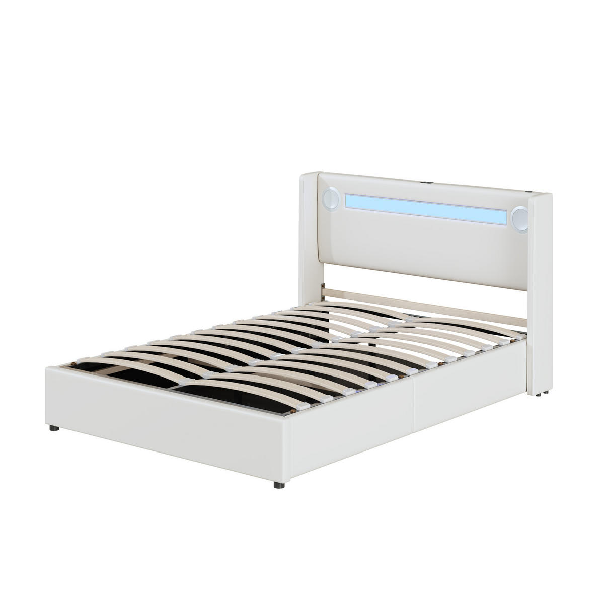 POLSTERBETT 140/200 cm Weiß mit LED-Beleuchtung und Bluetooth-Player - Weiß, Kunststoff (140/200cm) - OKWISH