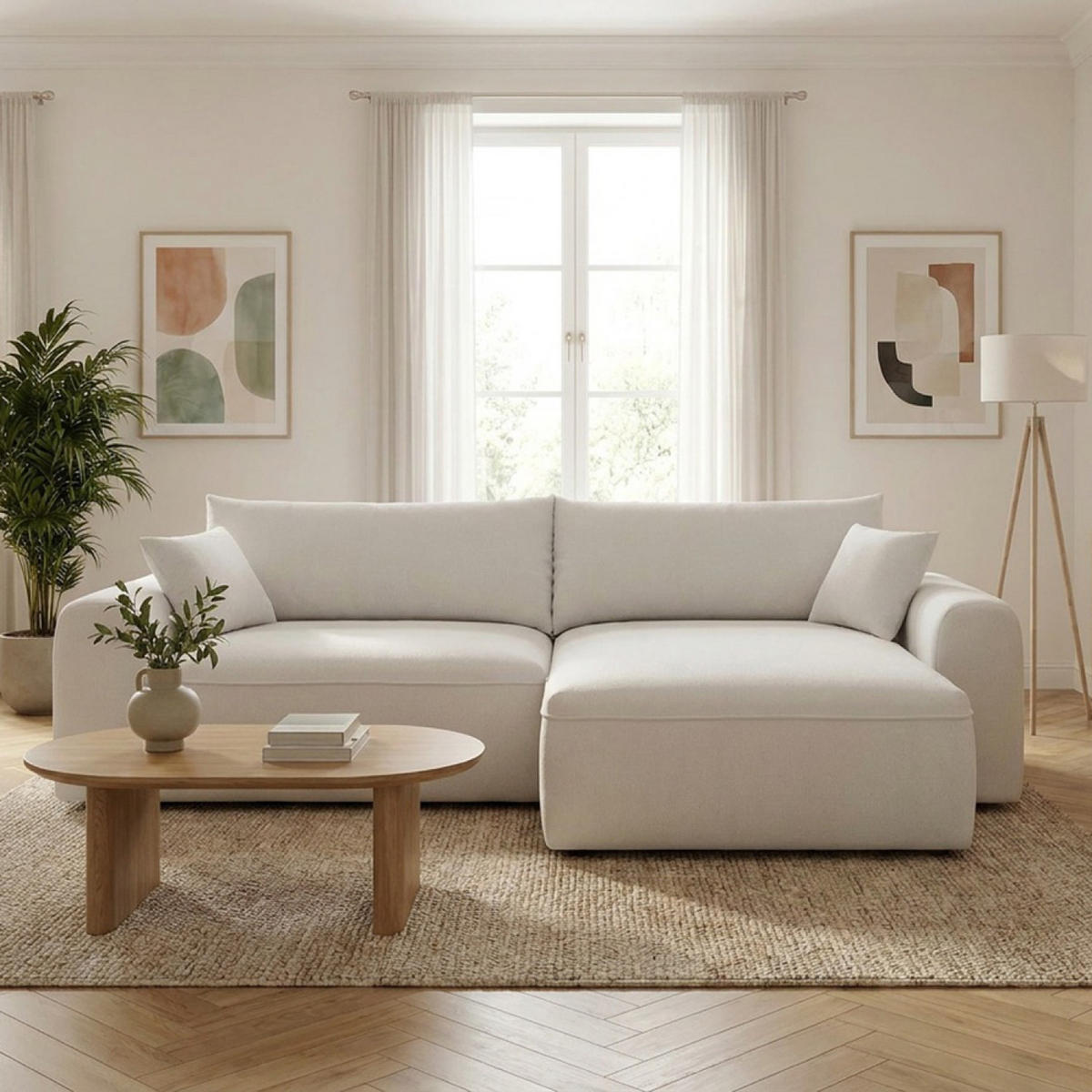 ECKSCHLAFSOFA BELAIR in Grau mit Bettkasten und Bouclé-Bezug - Beige, Holz - Concept Usine