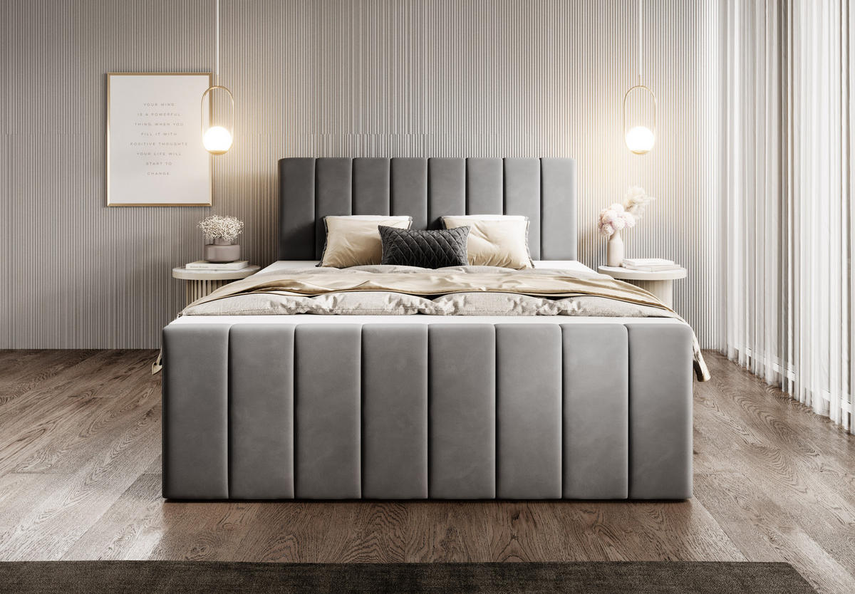 BOXSPRINGBETT Avelio mit Bettkasten, Grau Samt 140x200 cm – inkl. H3 Matratze und Topper - Schwarz/Grau, Holzwerkstoff/Kunststoff (140/200cm) - WFL GROUP