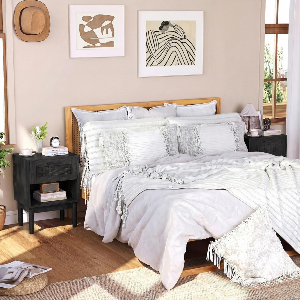 NACHTTISCH 2er Set Holz Rattan Schublade offenes Fach schwarz - Schwarz, Holz (30/55/40cm) - LEBENLANG