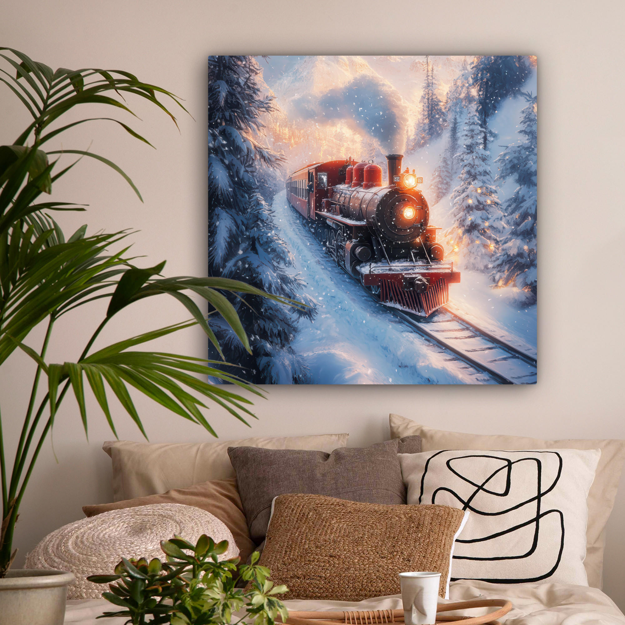 LEINWANDBILD Weihnachtszug - Schnee - Winter - Weihnachten 90x90 cm - Dunkelrot, Textil (90/90cm) - MuchoWow