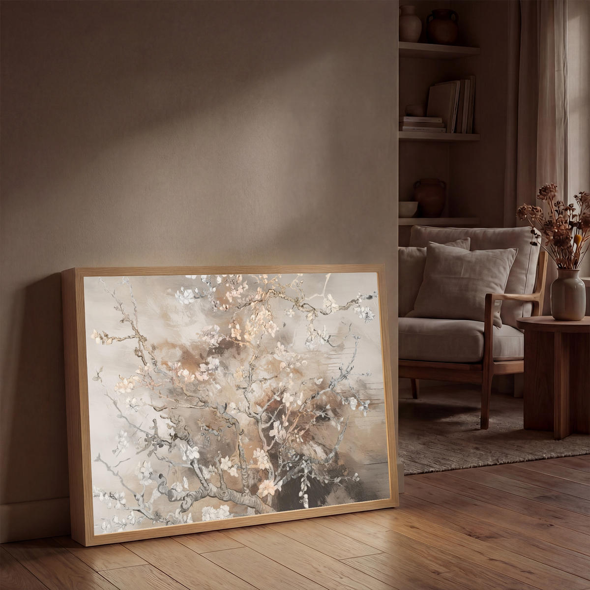NÁSTĚNNÁ LAMPA S AKUMULÁTOREM Mandlový květ - Umění - Van Gogh - Béžová - Abstraktní 100x70 cm - šedohnědá, kompozitní dřevo (100/70/8cm) - OnlyWow