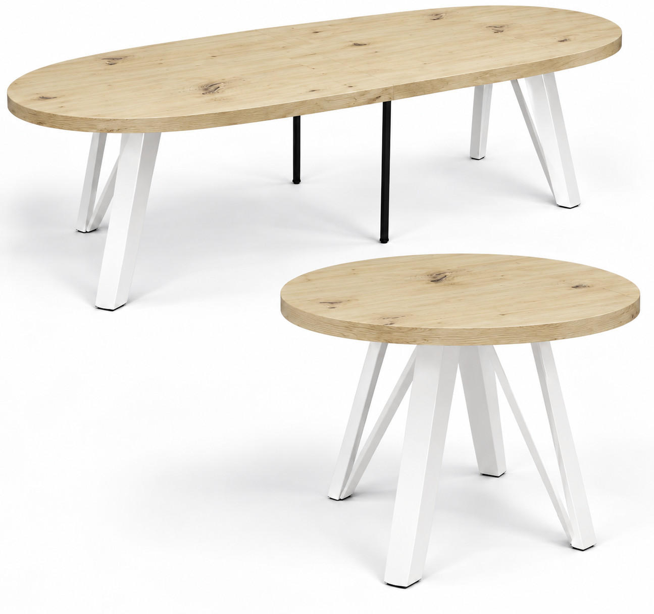 ESSTISCH rund ausziehbar 100/300/76 cm, Eiche Artisan, 54 cm Tischplatte + Industrial Metallgestell Weiß - Weiß/Eiche Artisan, Holzwerkstoff/Metall (100/300/76cm) - Damale Möbel