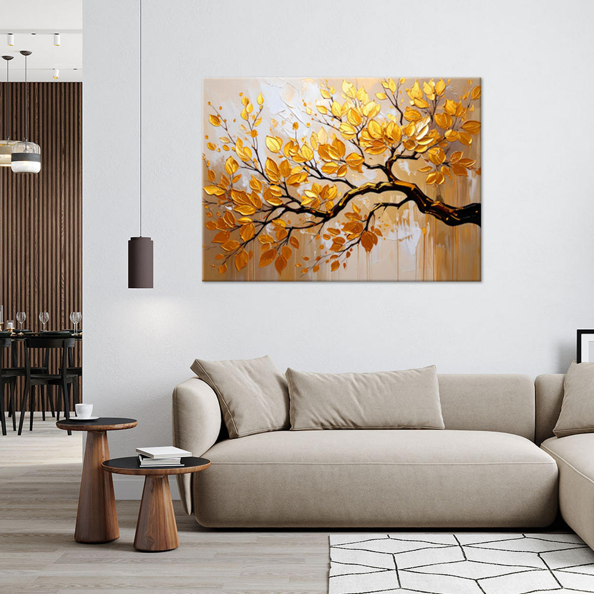 LEINWANDBILD Goldene Blätter auf einem Ast 90x60cm - Goldfarben, Textil (90/60cm) - Feeby