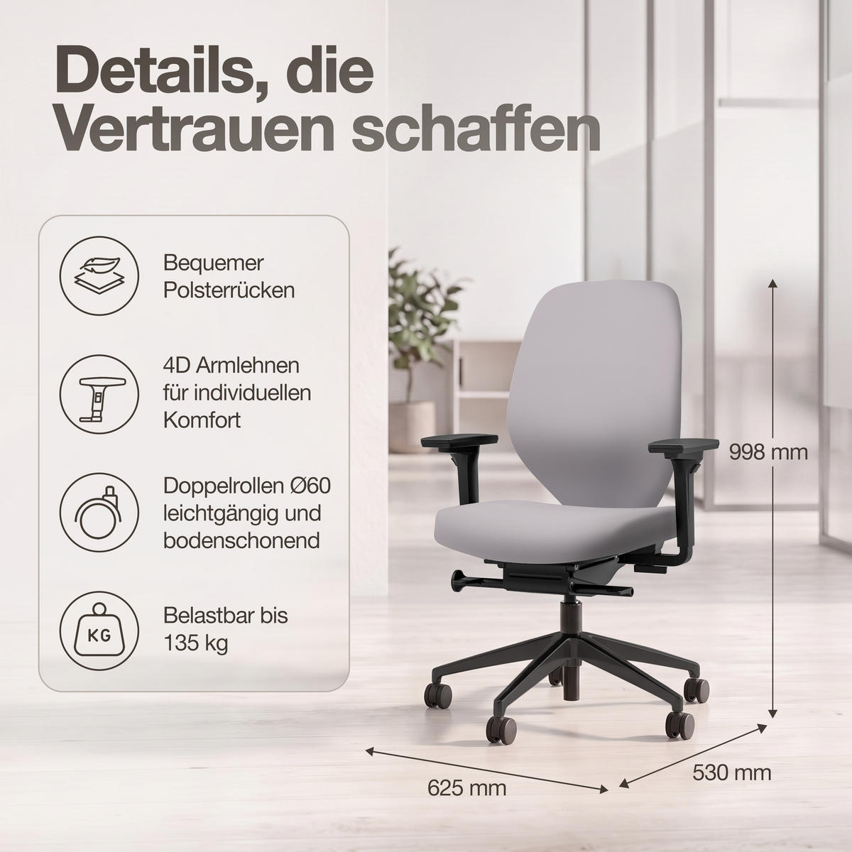 DREHSTUHL Ergonomischer Bürostuhl Atessa mit Polsterrücken in hellgrau / Keine Hellgrau Ergonomischer Polsterrücken - Hellgrau, Textil (62.5/99.8/45cm) - ASSMANN