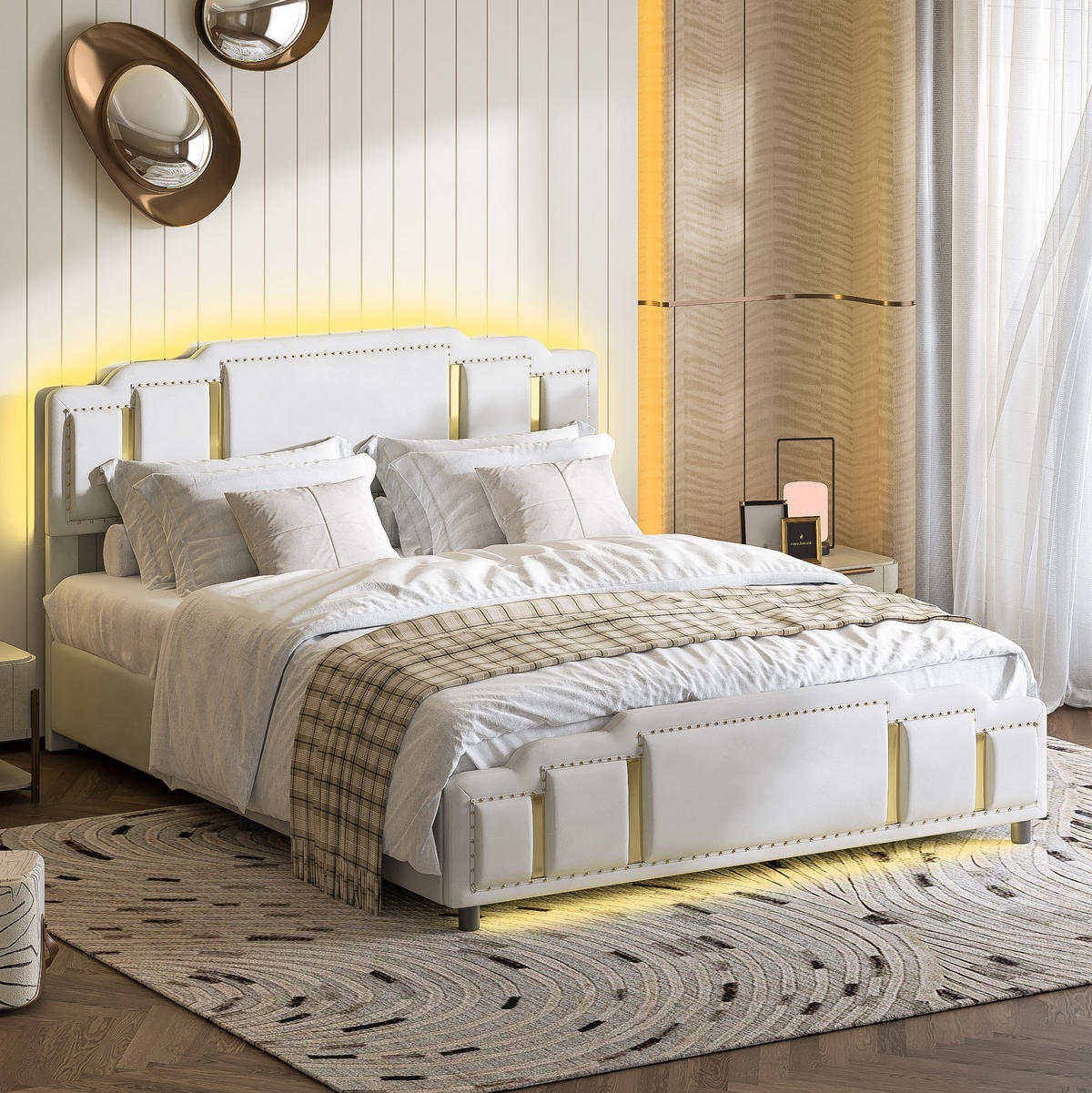 POLSTERBETT 160/200 cm mit LED-Beleuchtung und hydraulischem Bettkasten, Beige - Beige, Textil (160/200cm) - Redom