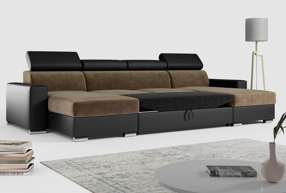 WOHNLANDSCHAFT FOX U Braun/Schwarz - Velvet/Kunstleder - Silberfarben/Schwarz, Kunststoff/Textil (306/98/168cm) - MKS