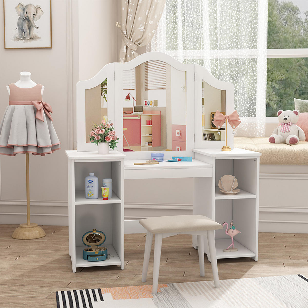SCHMINKTISCH FÜR KINDER Estella Weiß 105 x 117.9 cm Mit Spiegel - Weiß, Holzwerkstoff (105/117.9/41cm) - Vicco
