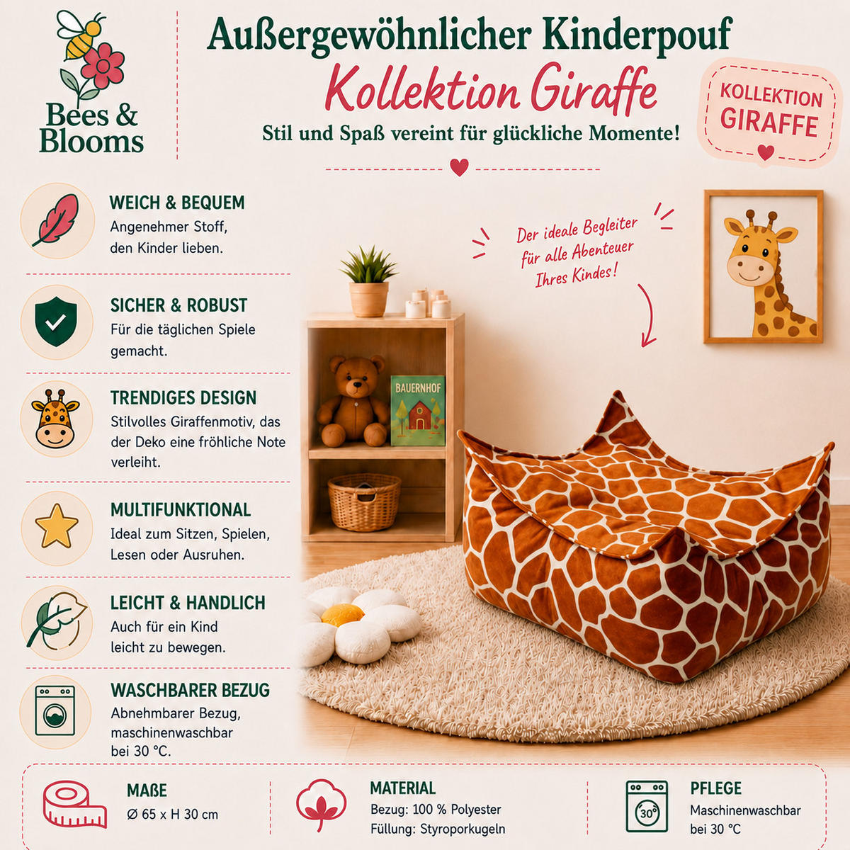 KINDER Sitzpouf Giraffe quadratisch – weicher Hocker fürs Kinderzimmer - Creme/Braun, Textil (60/35/60cm) - Bees & Blooms