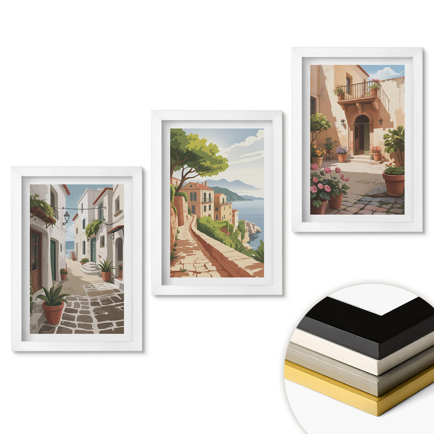 WANDBILDER 3er-Set - 20x30 cm Weißer Rahmen - Straßen, Häuser, Pflanzen, Töpfe - Weiß, Kunststoff (20/30cm) - ArtPrintCave