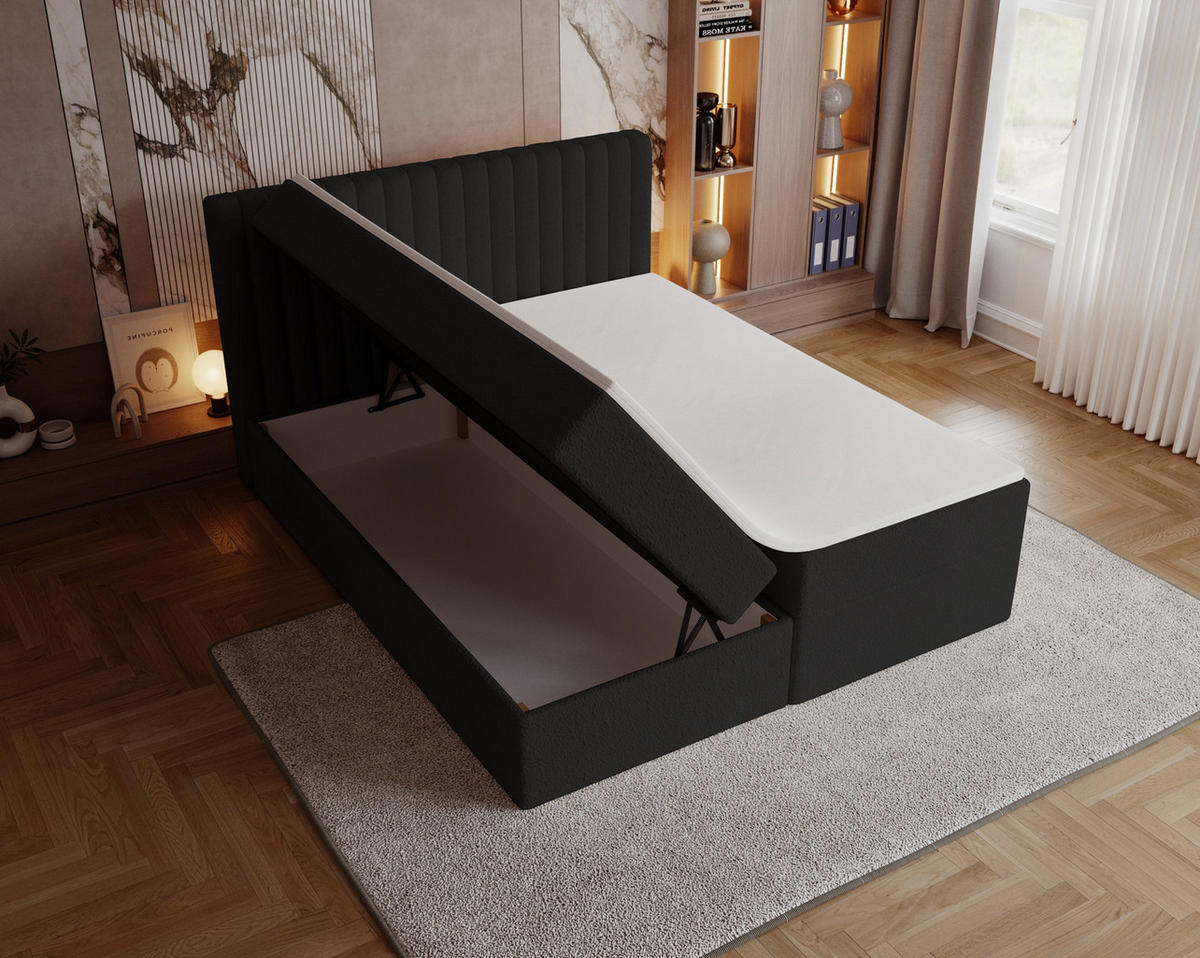 BOXSPRINGBETT Boucle 180x200 Daliro mit Bettkasten, Matratze H3, Schwarz - Schwarz, Holz/Textil (180/200cm) - Emporius