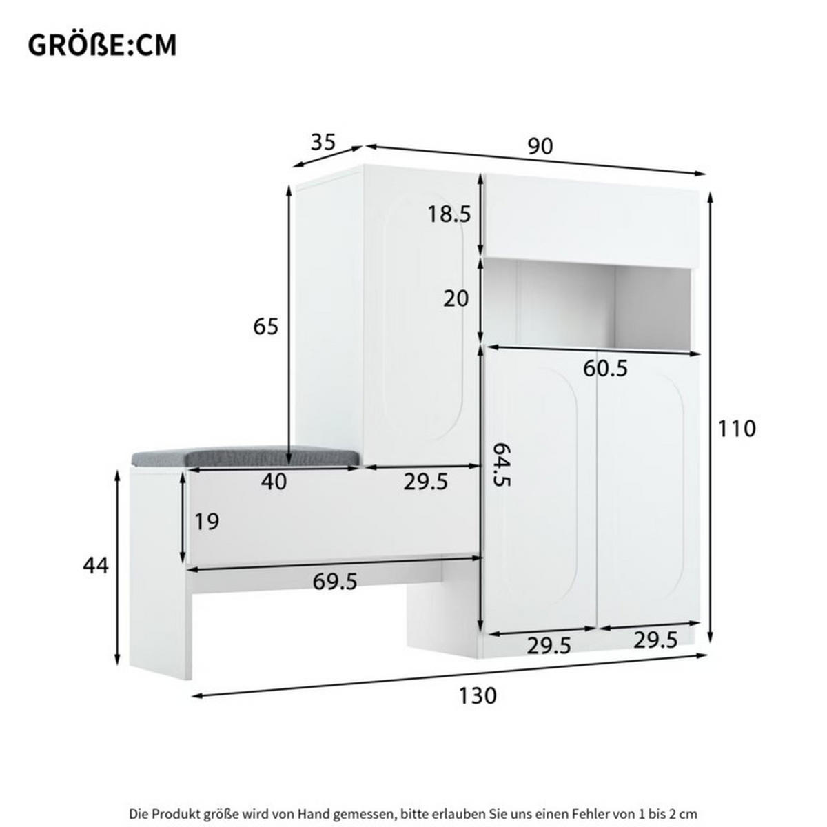 SCHUHSCHRANK 2-IN-1 WEISS mit gewölbten Türen Soft-Close und Sitzbank 130x35x110 cm - Weiß, Holzwerkstoff (35/110/130cm) - Fuleadture