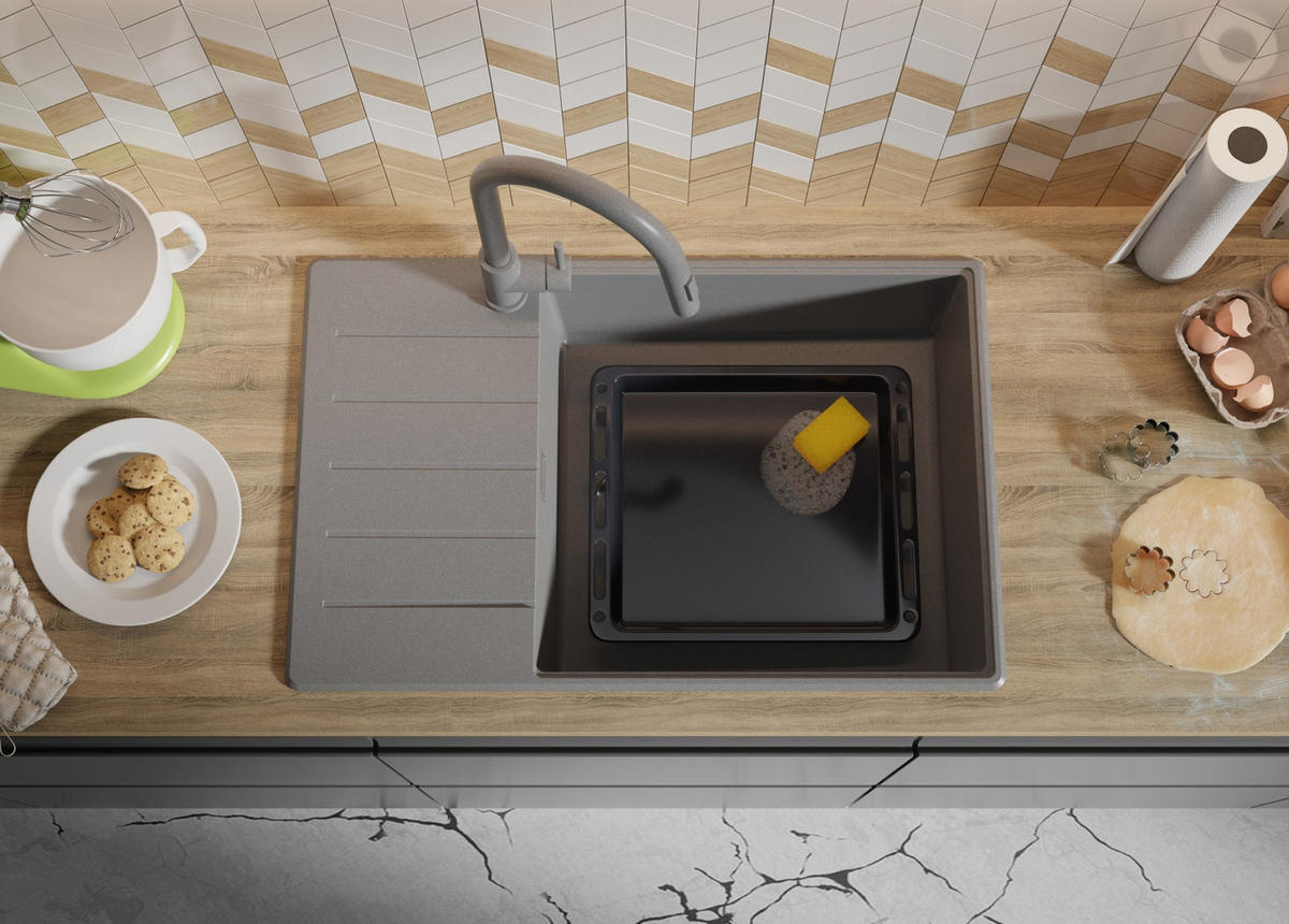 GRANITSPÜLE Kopenhagen, 2-er set Grau 78/50 cm 1 Becken + Küchenarmatur 38/14 cm + Ablauf-Set + Schneidebrett ab 60er Unterschrank - Beige/Grau, Kunststoff (78/20/50cm) - Primagran